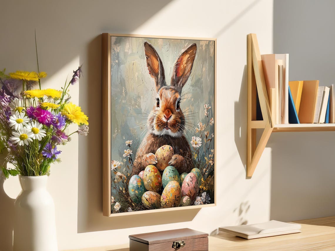 Brown Easter Bunny Holding Speckled Eggs Wildflower Meadow Art Poster - Image 4