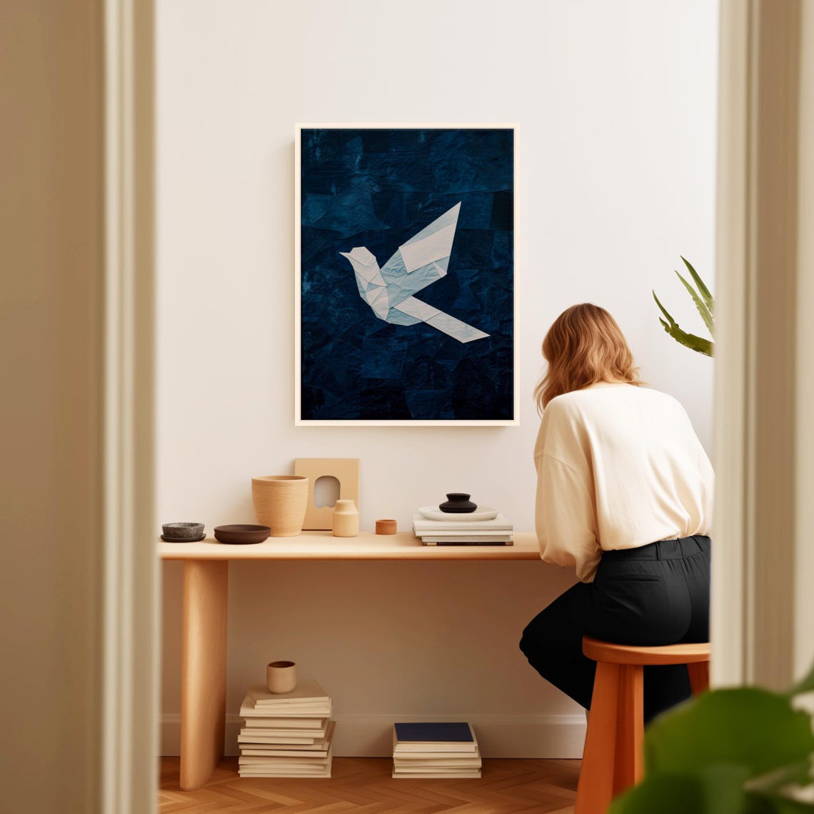 White Origami Bird on Deep Navy Textured Background Minimal Wall Art - Image 2