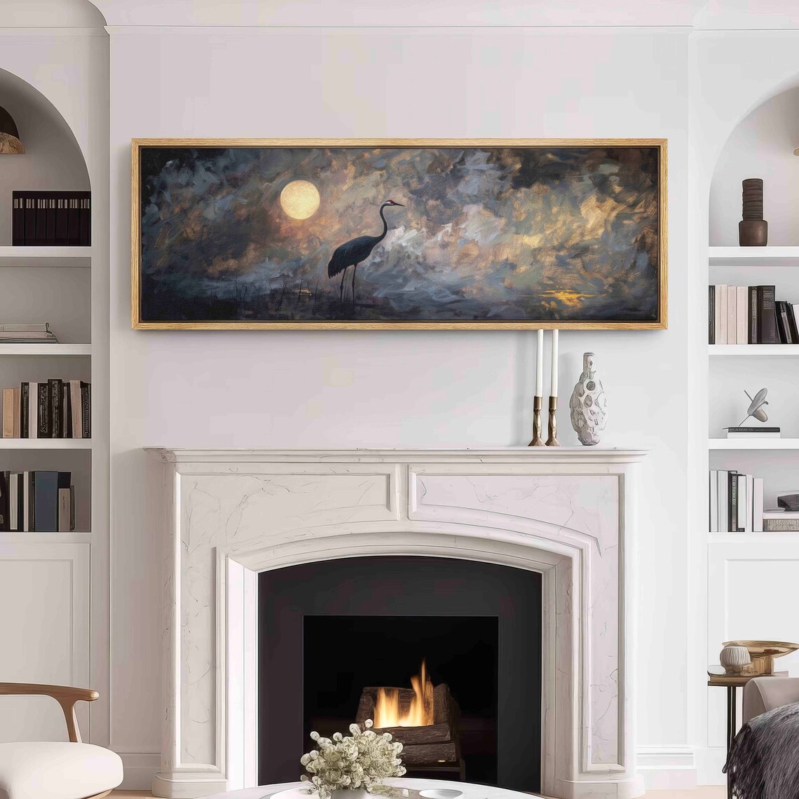 Moon and Crane Moody Seascape Horizontal Art Print - Image 2