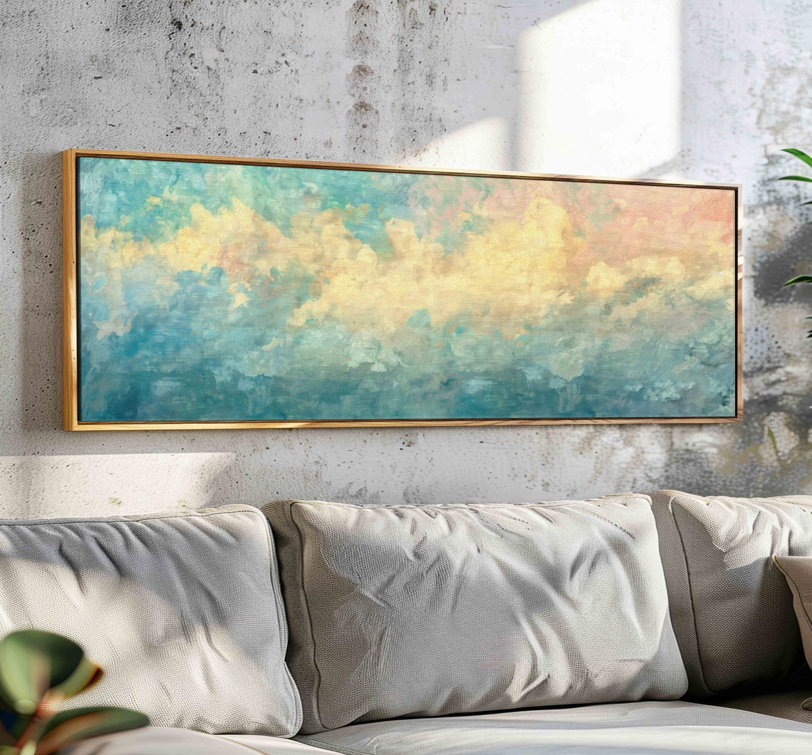 Abstract Moody Cloud Wall Art Framed Panoramic Cloud Painting Large Horizontal Cloud Print Wide Cloud Wall Art Above Bedcouch Decor