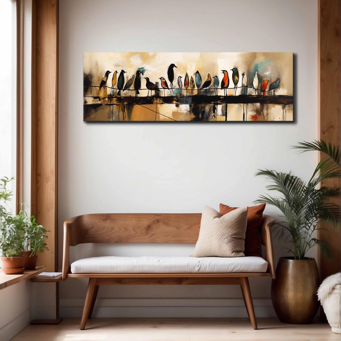 Colorful Birds On Wire Flock Abstract Warm Tones Panoramic Art Print - Image 4
