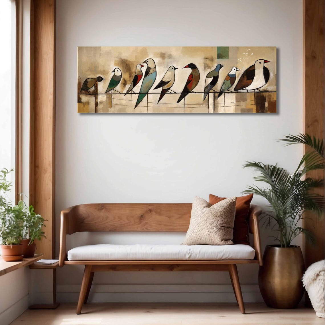 Stylized Birds On Wire Teal Rust Beige Mid Century Modern Art Poster - Image 4