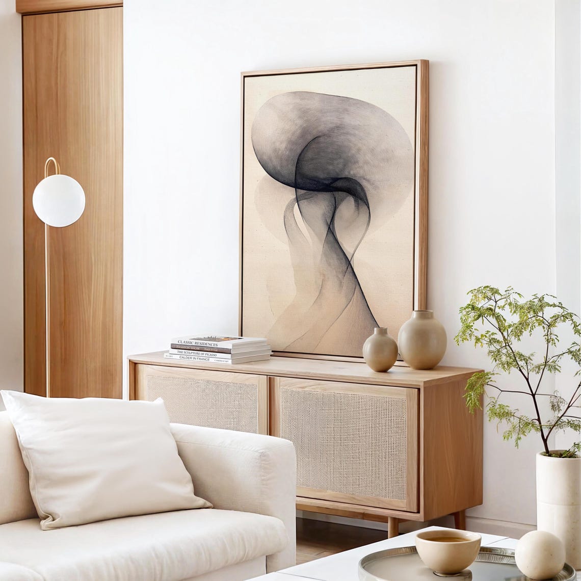 Soft Gray Ink Drapery Curves Minimalist Abstract Beige Art Poster - Image 3