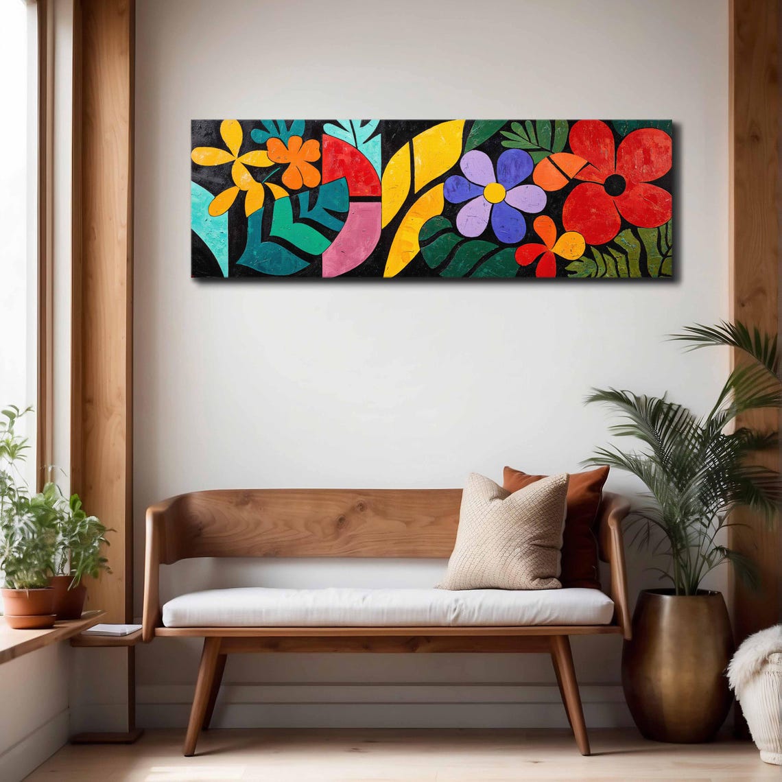 Bright Bold Colorful Abstract Flowers on Black Panoramic Print - Image 4