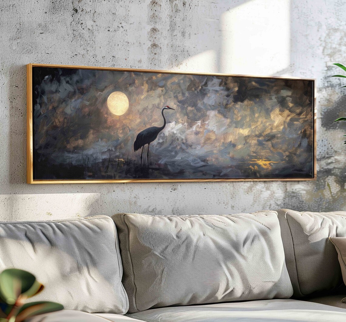 Moon and Crane Moody Seascape Horizontal Art Print