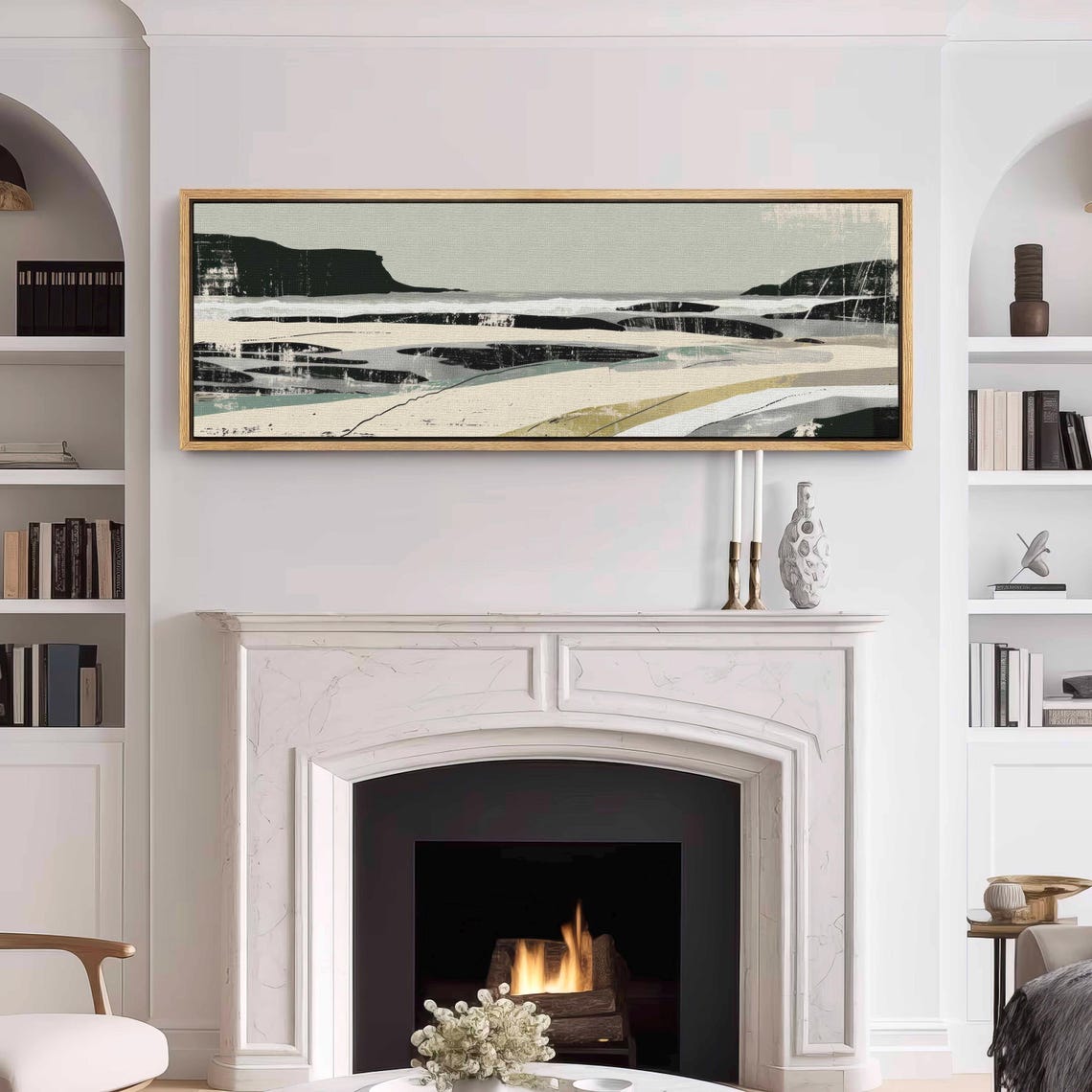 Abstract Coastal Cliffs Waves Neutral Tones Panoramic Framed Art Print - Image 3