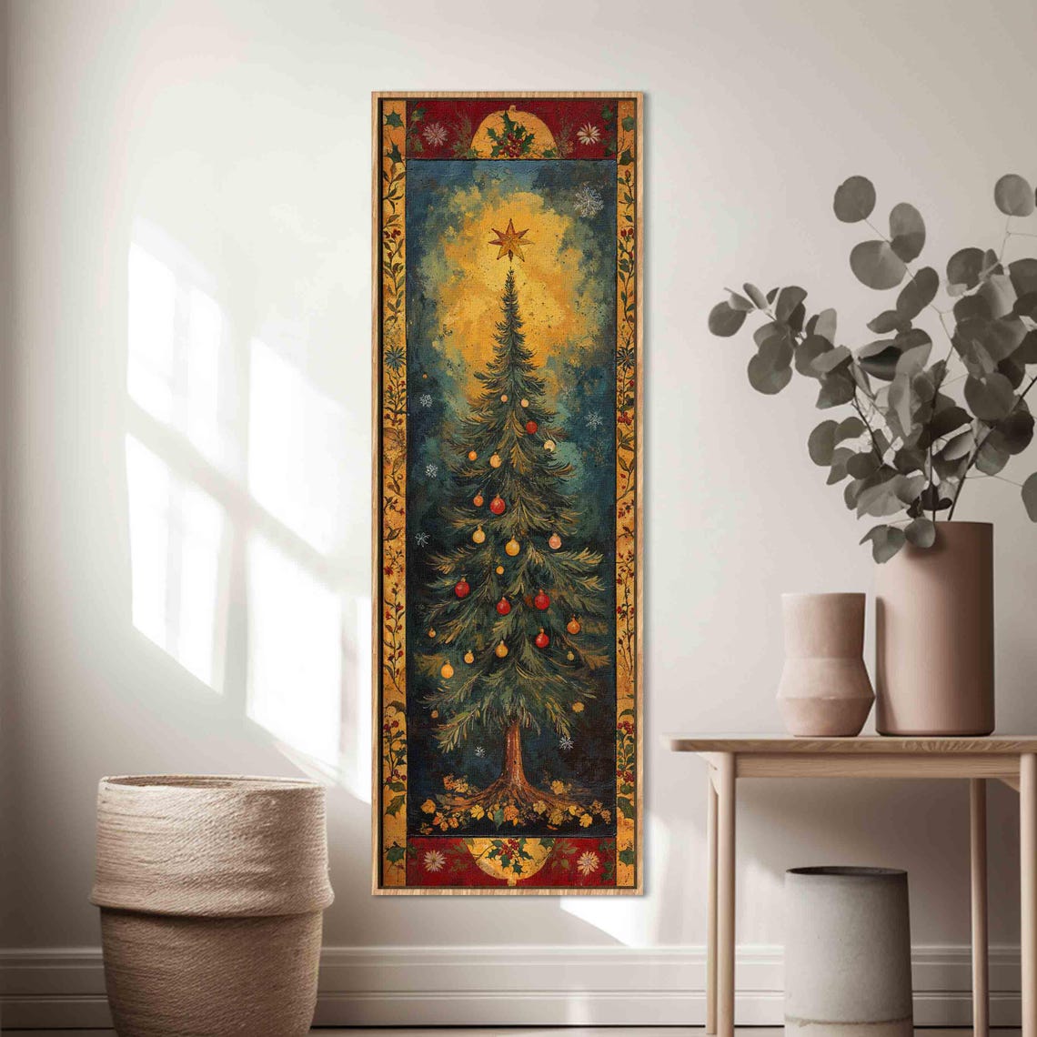 Vintage Christmas Tree Star Ornaments Ornate Border Vertical Art Print