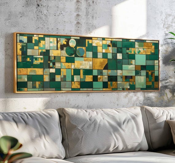 Mid Century Modern Horizontal Wall Art Framed Geometric Mosaics Boho Wall Art Emerald Green Large Wide Wall Art Print Above Bed Decor