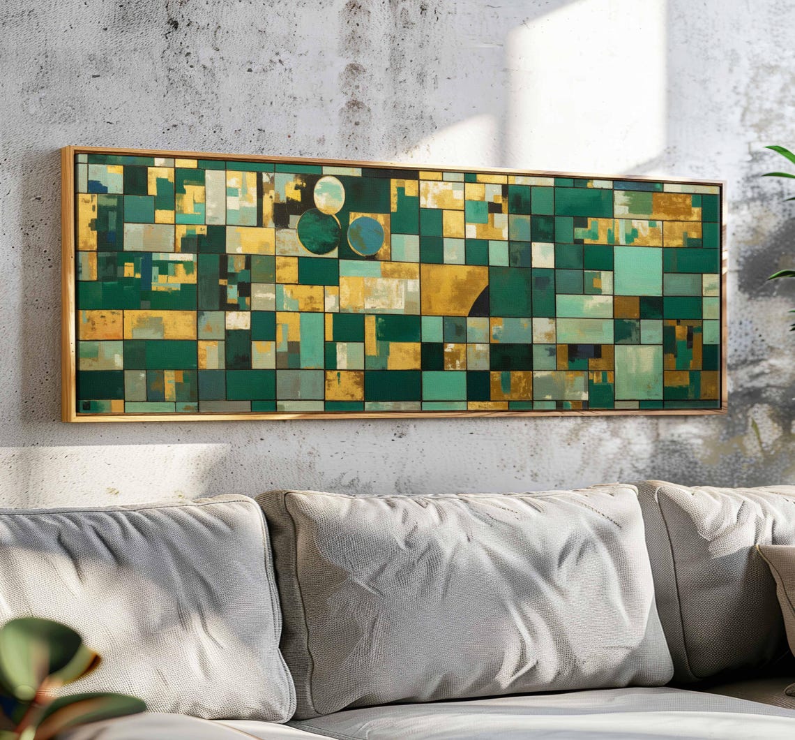 Emerald Green Gold Geometric Mosaic Grid Panoramic Framed Art Print