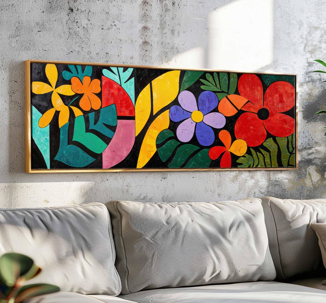Bright Bold Colorful Abstract Flowers on Black Panoramic Print