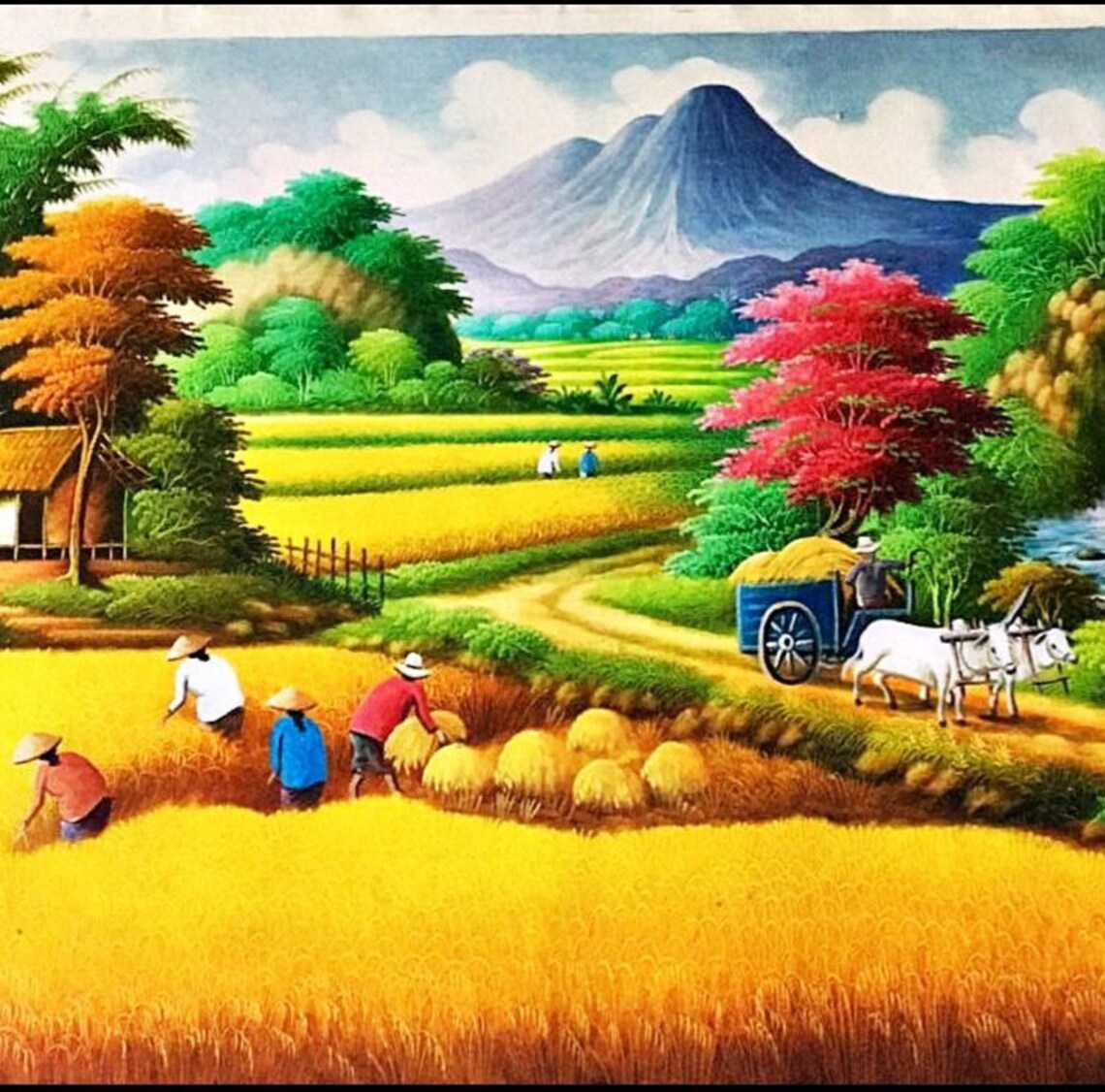 Rice Harvest With Waterfall And Cow Cart Art Print - Image 4