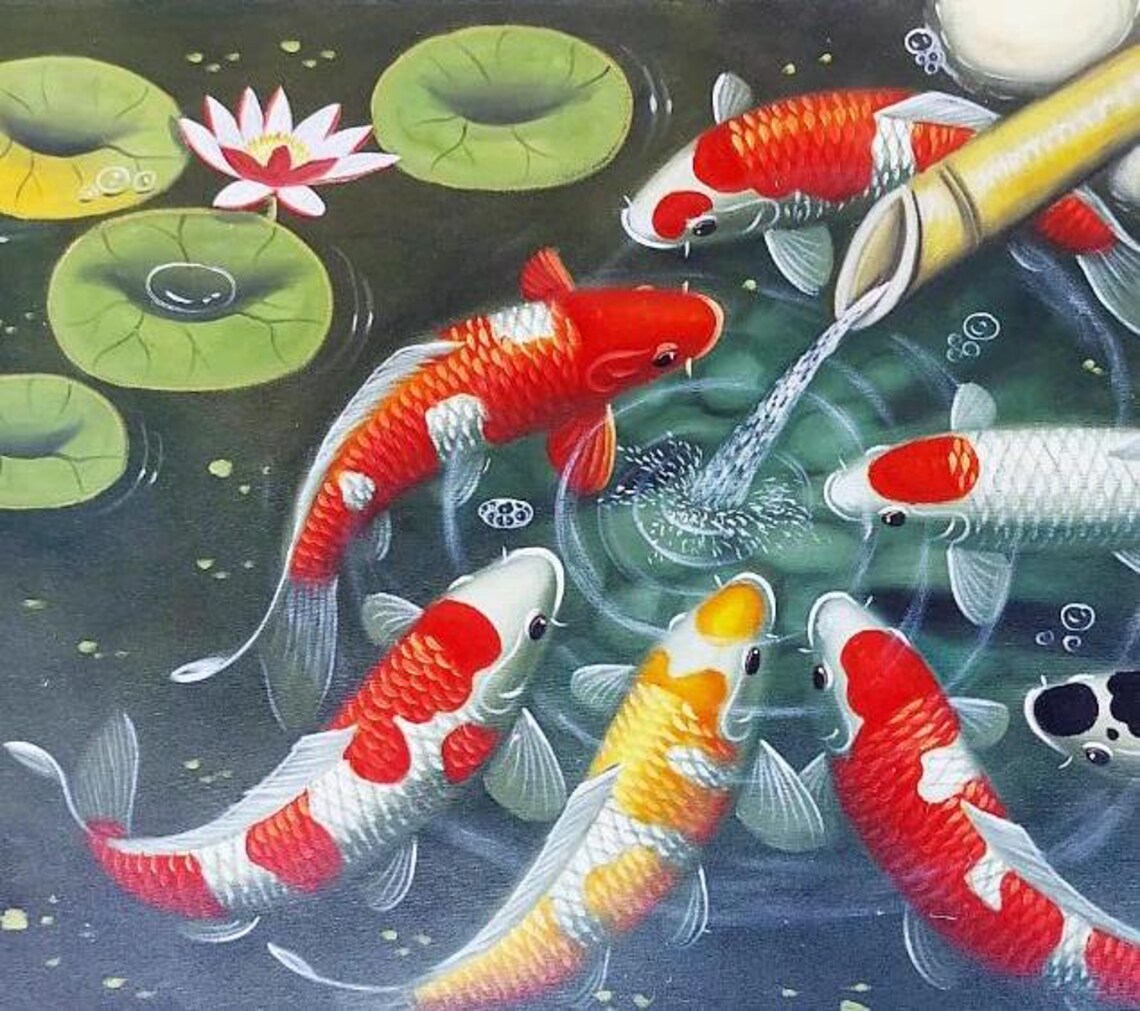 9 Koi Fish Painting With Bamboo Shower Good For Feng Shui - Image 4