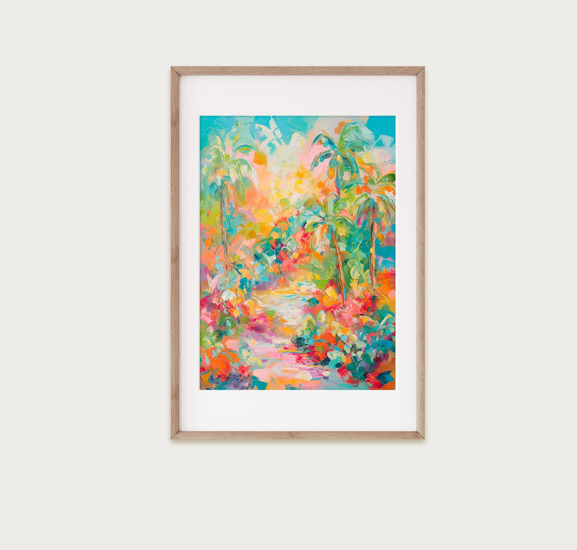 Sunlit Tropical Palm Grove Impressionist Blossoms Path Wall Art