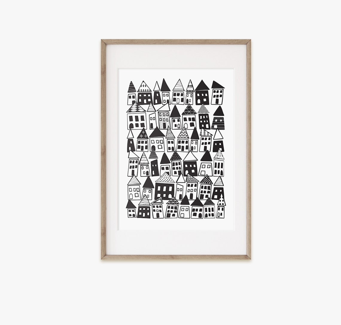 Black and White Whimsical Doodle Houses Scandinavian Wall Art