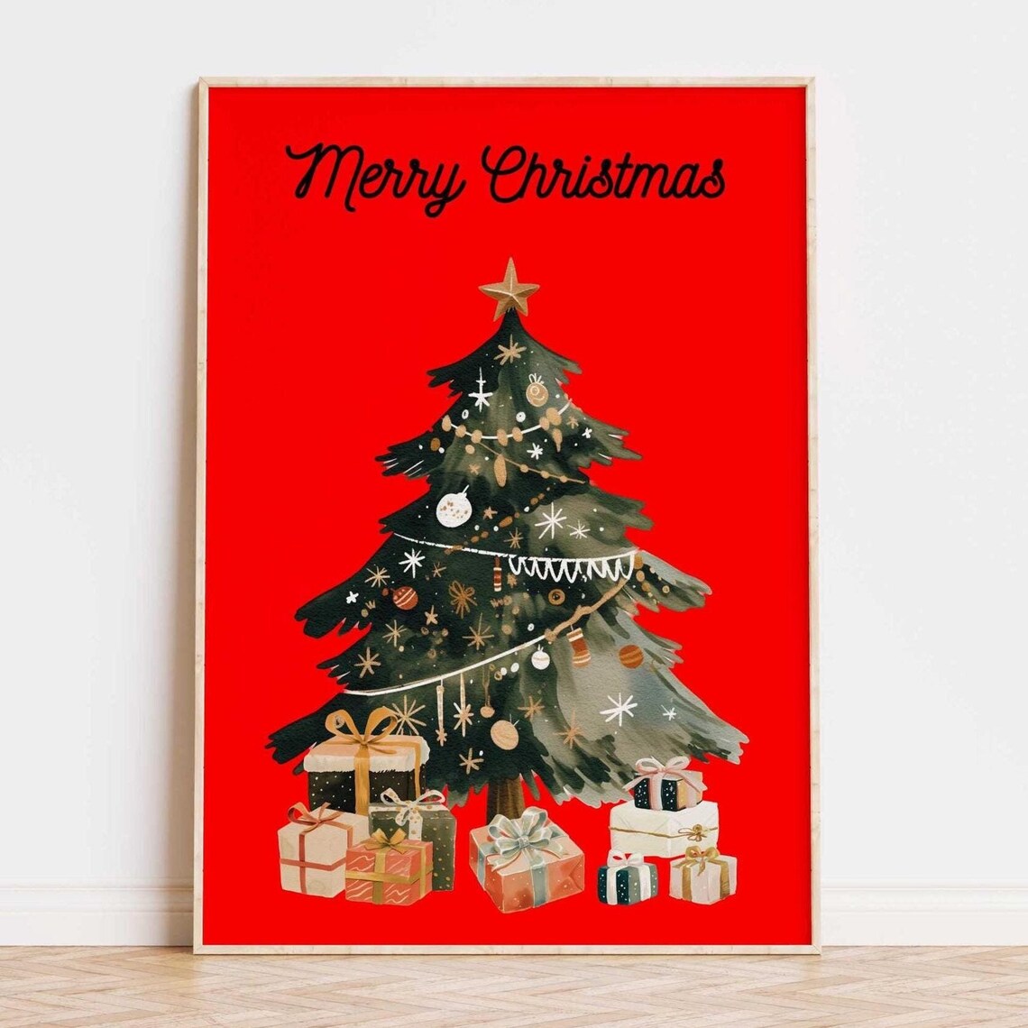 Black Merry Christmas Script Red Watercolor Tree Gifts Holiday Poster