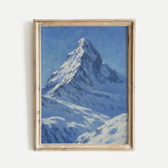 Majestic Snowy Alpine Peak Under Blue Sky Oil Painting Poster