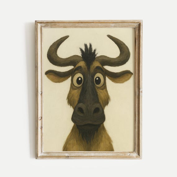 Wildebeest Oil Painting Poster African Animal Wall Art Print Vintage Safari Wildlife Gallery Nursery Decor