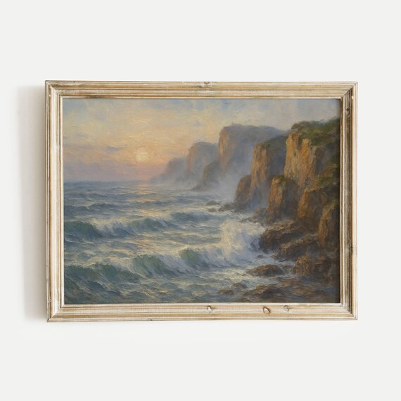 Ocean Cliff Sunrise Waves Crashing Rocks Impressionist Art Poster