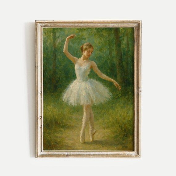 Ballerina Dancer Forest Glade Green Impressionist Oil Art Poster