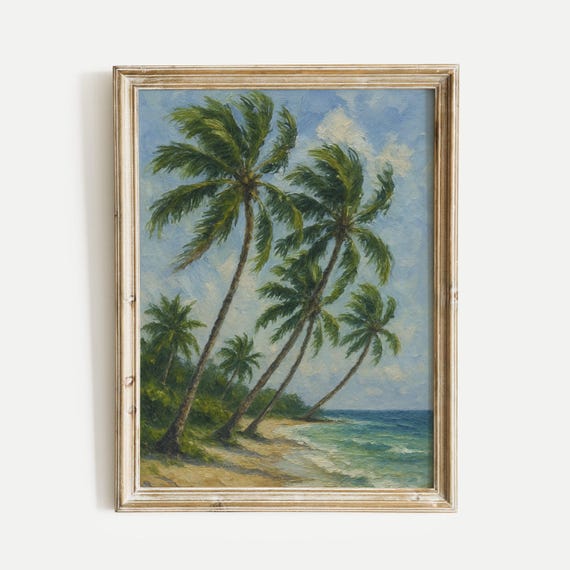 Palm Trees Shoreline Oil Painting Print Nature Vintage Wall Art Home And Office Living Room Bedroom Decor