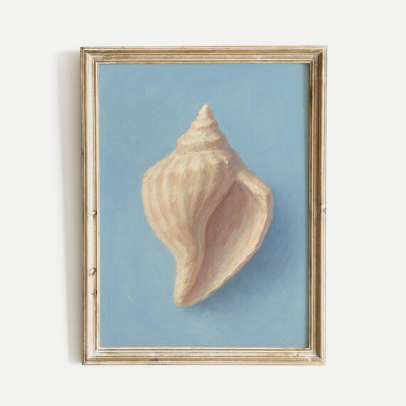 Elegant Seashell Still Life Painting On Soft Blue Background Poster