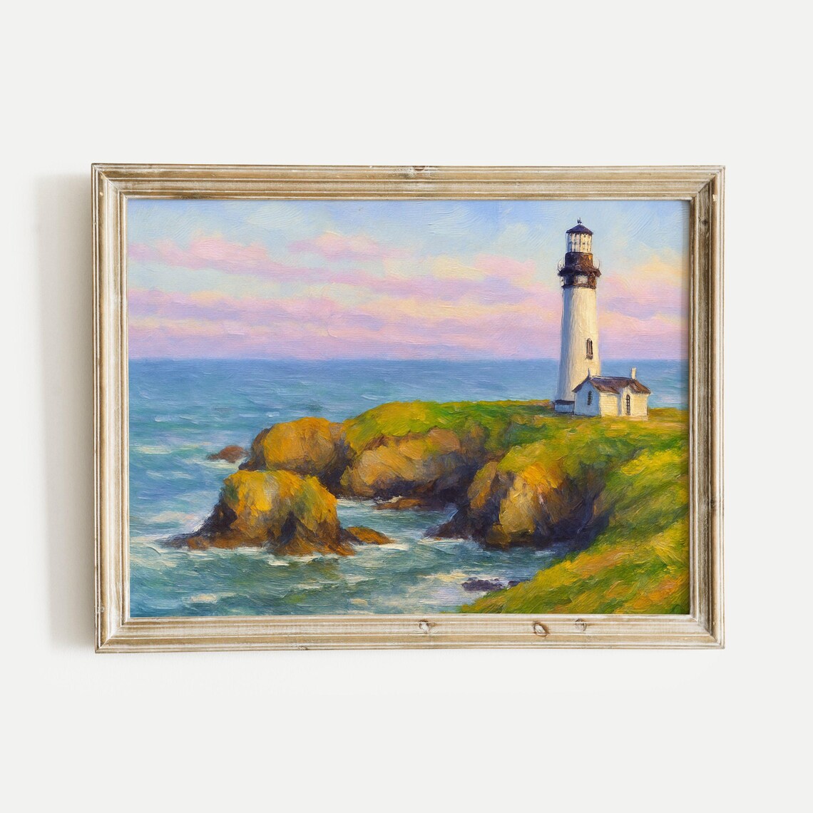 Charming Golden Sunset Lighthouse Rocky Coast Oil Painting Poster