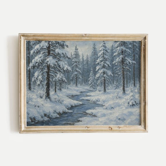 Snow Pine Forest With Frozen Stream Oil Painting Print Vintage Nature Wall Art Home Office Living Room Bedroom Decor