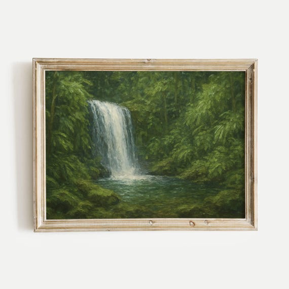 Waterfall Cascading In Rainforest Oil Painting Print Vintage Nature Wall Art Home Office Living Room Bedroom Decor