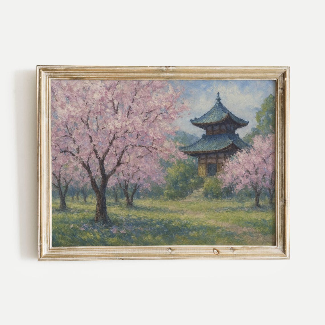Cherry Blossom Trees With Japanese Pagoda Spring Oil Painting Poster