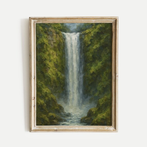 Lush Green Waterfall Cascading Through Forest Gorge Art Poster