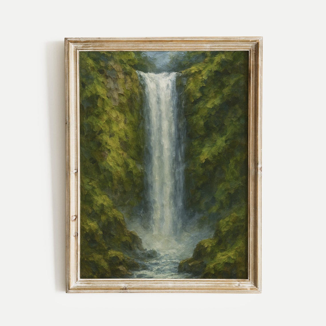 Lush Green Waterfall Cascading Through Forest Gorge Art Poster