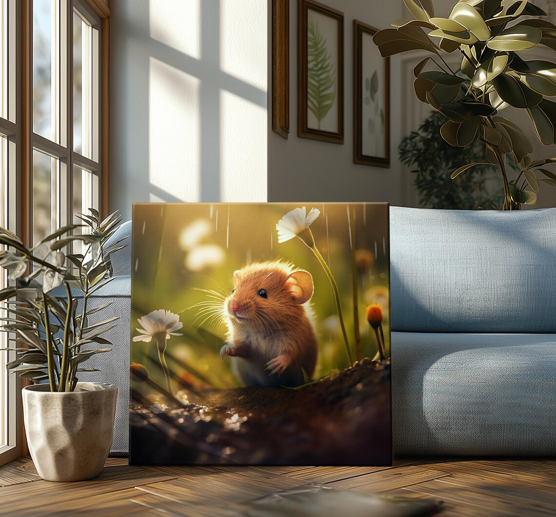 Cute Forest Mouse Among White Flowers Golden Light Macro Photo Poster