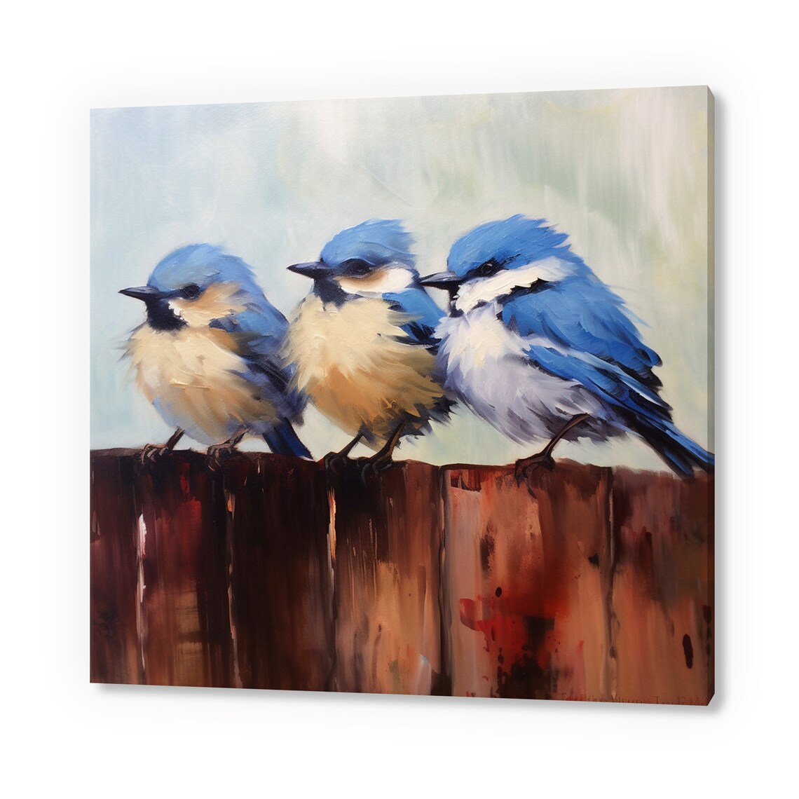 Three Blue Tits Perched on Wooden Fence Soft Blue Painting Wall Art