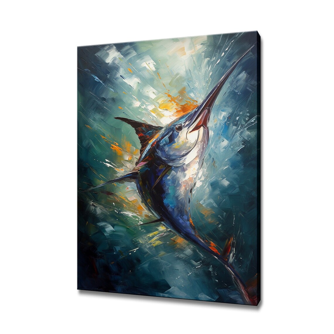 Blue Marlin Leaping Ocean Waves Impressionist Oil Painting Art Poster