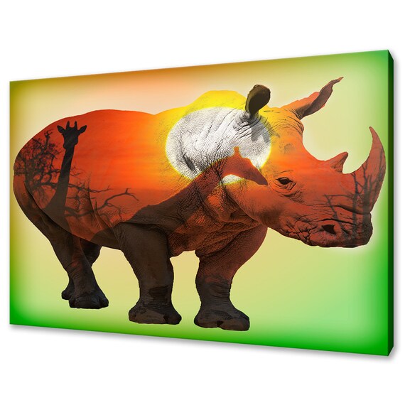 Rhino Double Exposure Savanna Sunset Giraffe Silhouette Art Poster