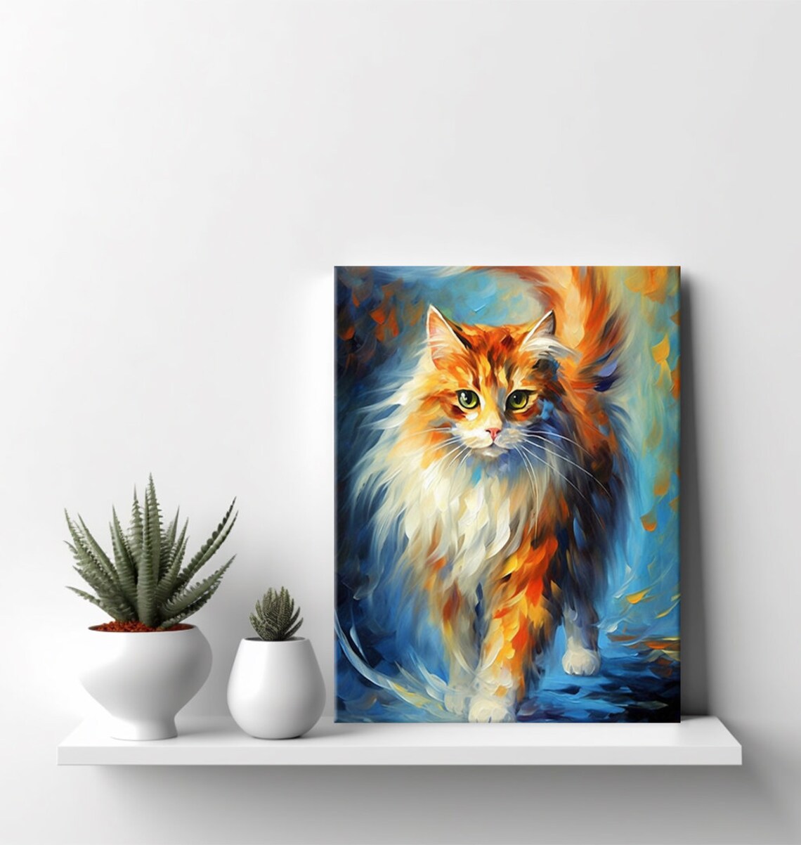 Fluffy Long Haired Orange White Cat Colorful Impressionist Art Print