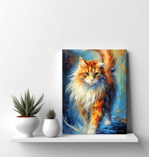 Fluffy Long Haired Orange White Cat Colorful Impressionist Art Print