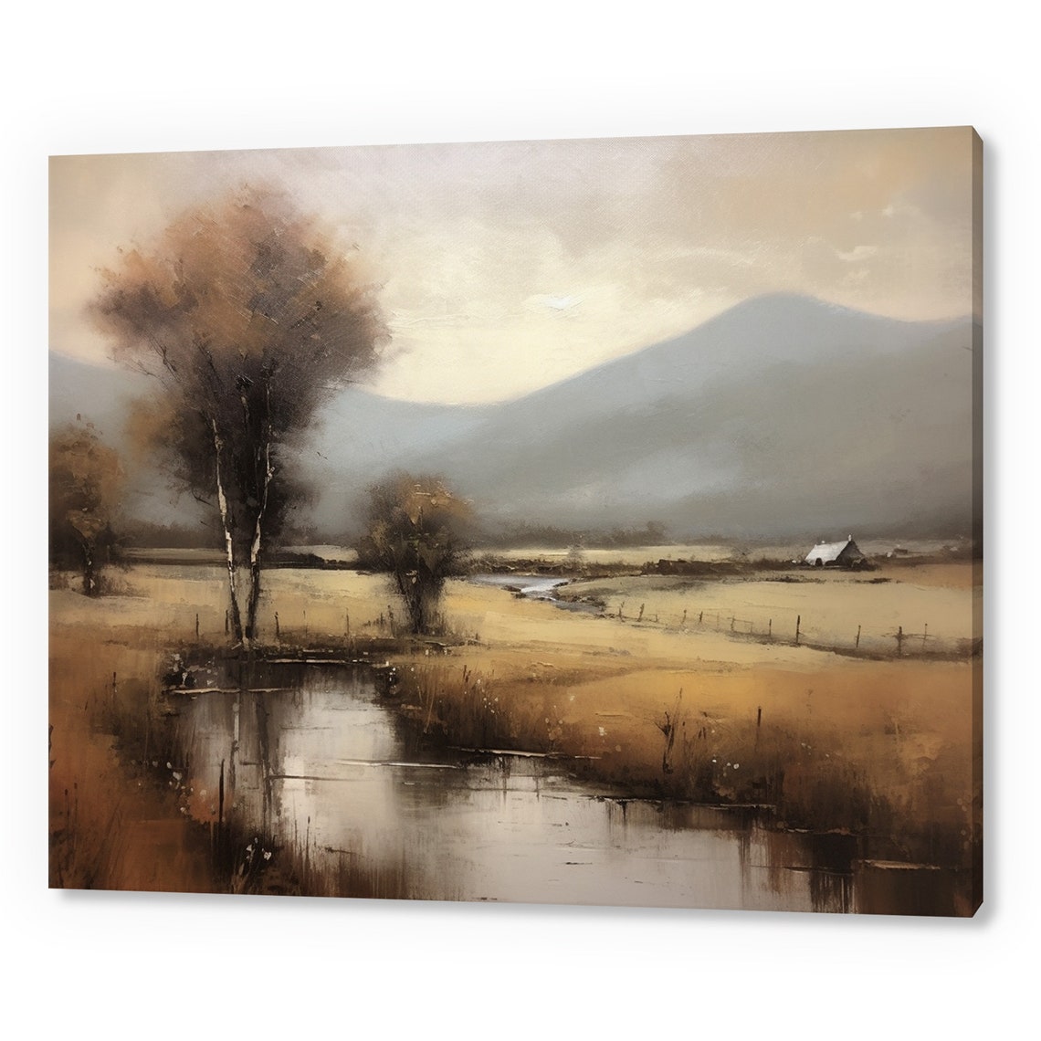 Vintage Landscape Country River Antique Countryside Print Moody Painting Print Living Room Wall Art Farmhouse Decor Art