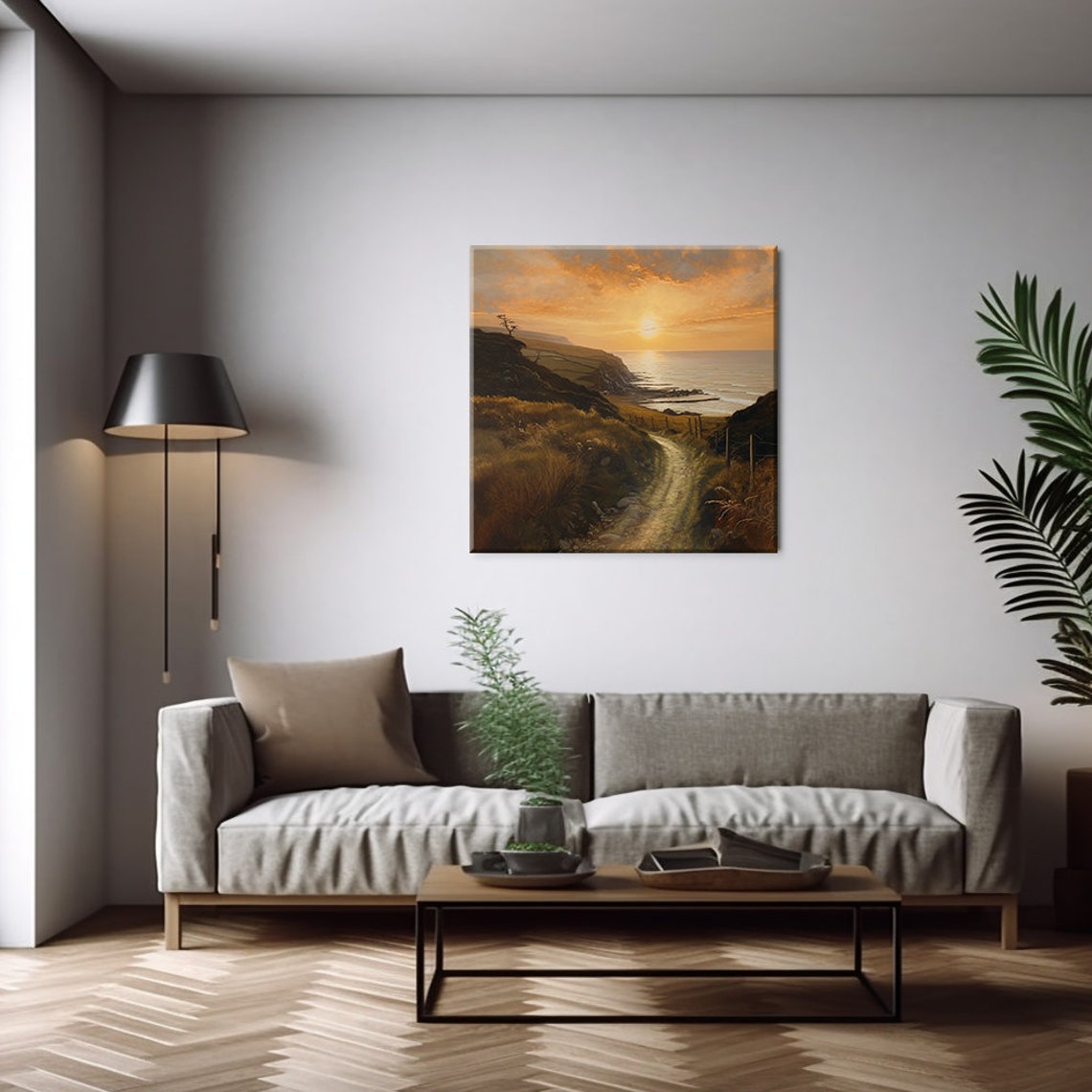 Golden Sunset Coastal Cliff Path Seaside Landscape Art Poster - Image 3