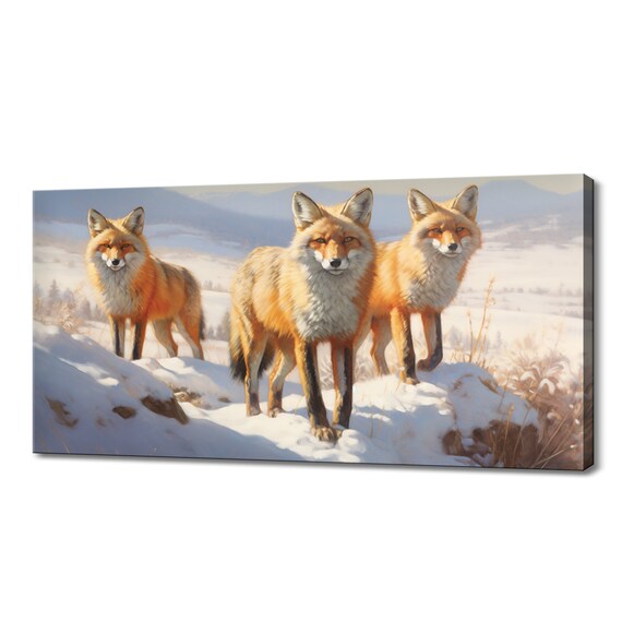 Three Red Foxes Snowy Winter Mountain Realistic Wildlife Art Poster