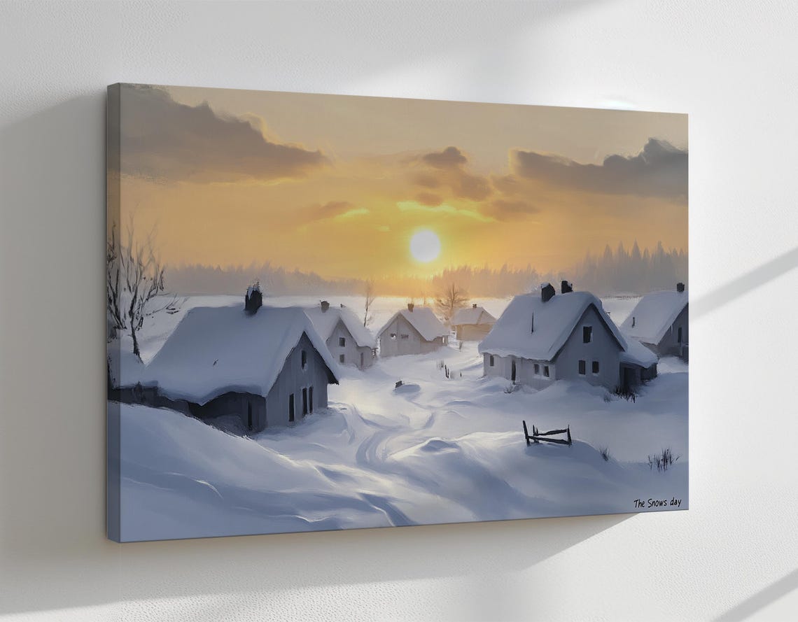 White Snowy Winter Village Houses Vintage Painting Print Countryside Muted Print Neutral Living Room Wall Art Farmhouse Decor Art - Image 4