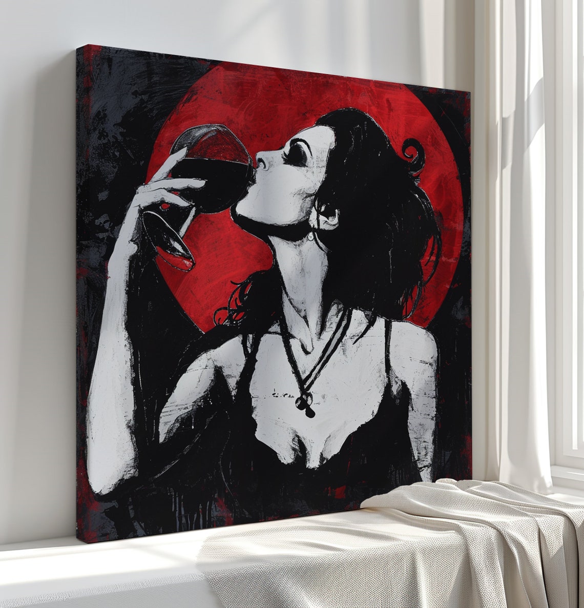 Woman Drinking Wine Red Moon Pop Art Stylish Modern Wall Poster