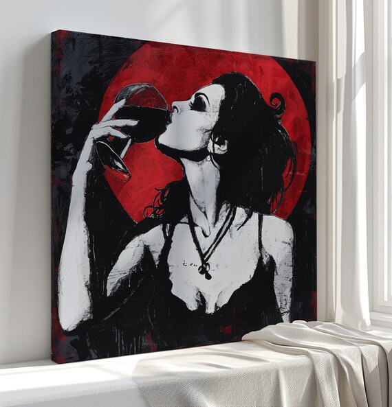 Woman Drinking Wine Red Moon Pop Art Stylish Modern Wall Poster