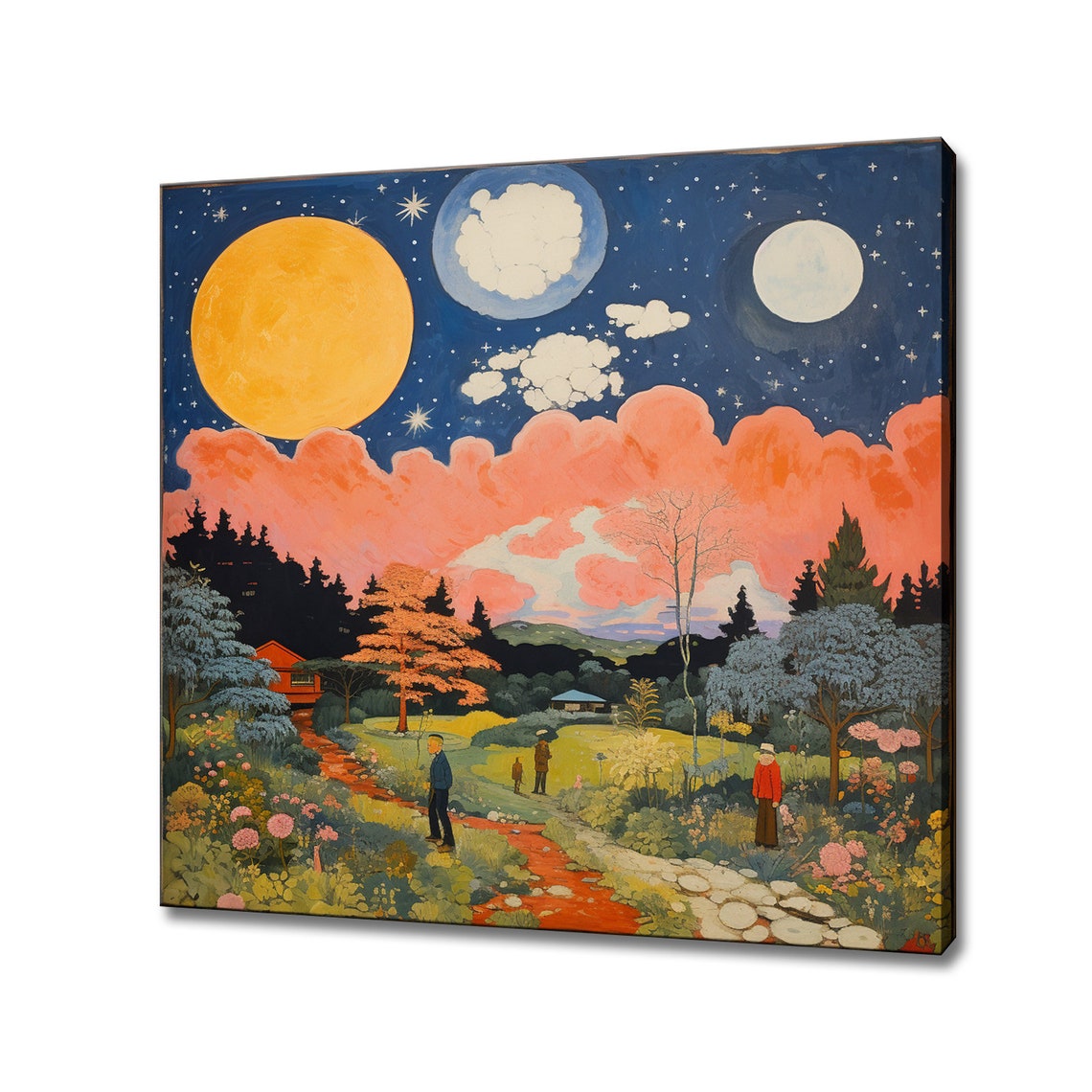 Sun Moon Stars Garden Night Fantasy Folk Art Colorful Landscape Poster