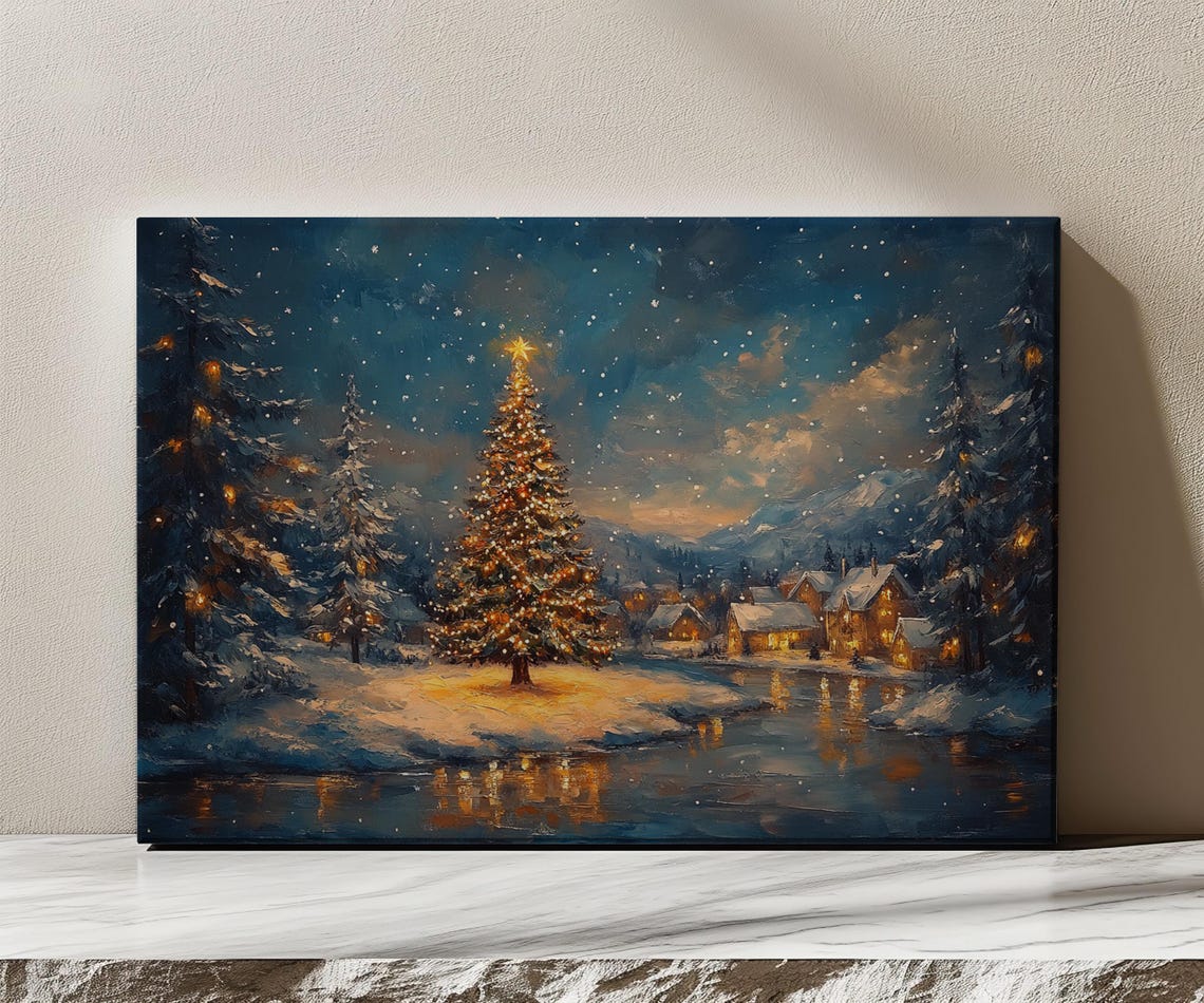 Magical Christmas Tree In Village Houses Vintage Painting Print Countryside Print Living Room Wall Art Farmhouse Decor Art