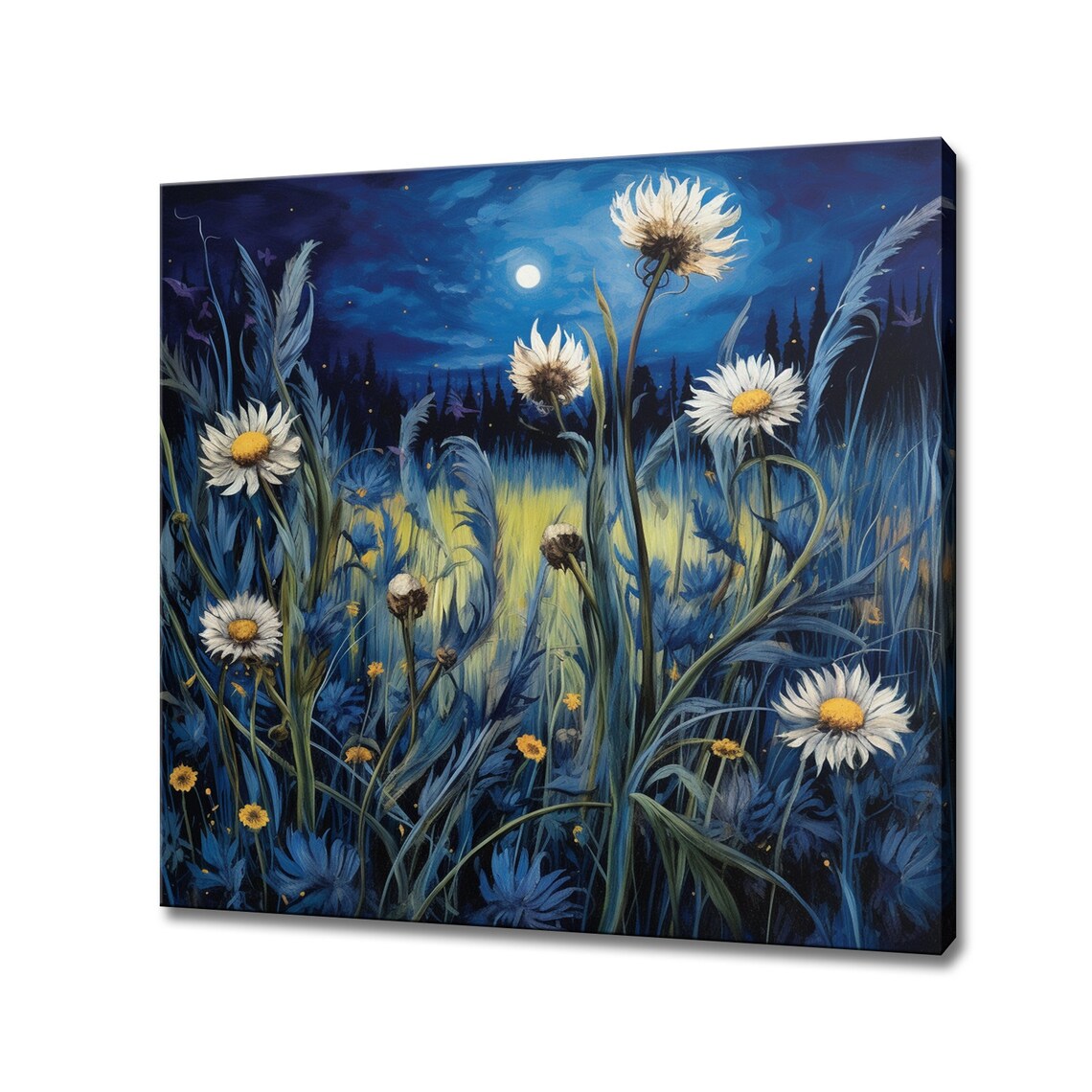 Moonlit Daisies Wildflowers Night Meadow Blue Floral Art Poster