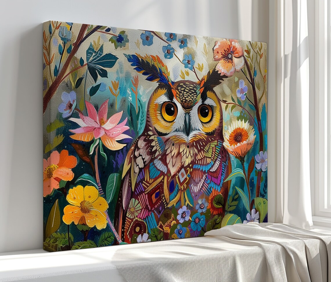 Owl and Flowers Large Floral Wall Art Print, Home Decor