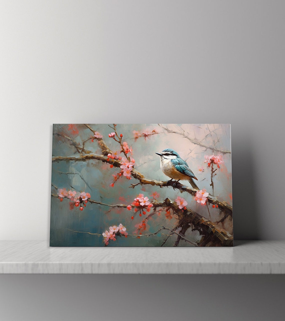 Beautiful Cute Blue Bird Sitting On Blossoming Tree Print Bird Home Decor Serene Spring Scene Art Nature Inspired Wall Art