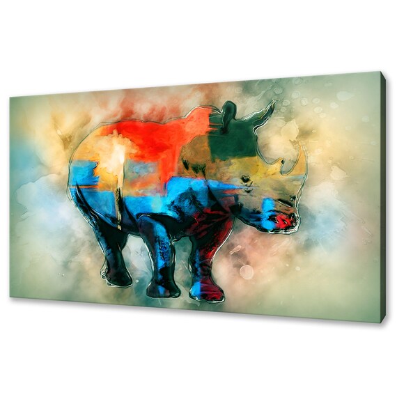 Abstract Watercolor Rhino Silhouette Red Blue Green Misty Background Print