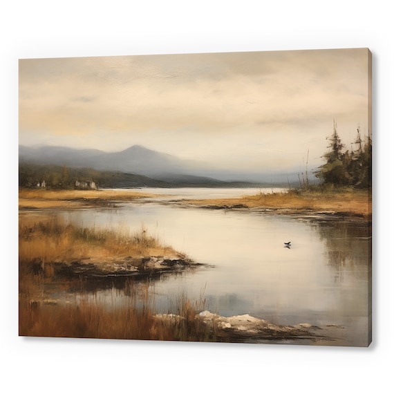 Vintage Lake Mountains Country Landscape Antique Countryside Print Moody Painting Print Living Room Wall Art Farmhouse Decor Art